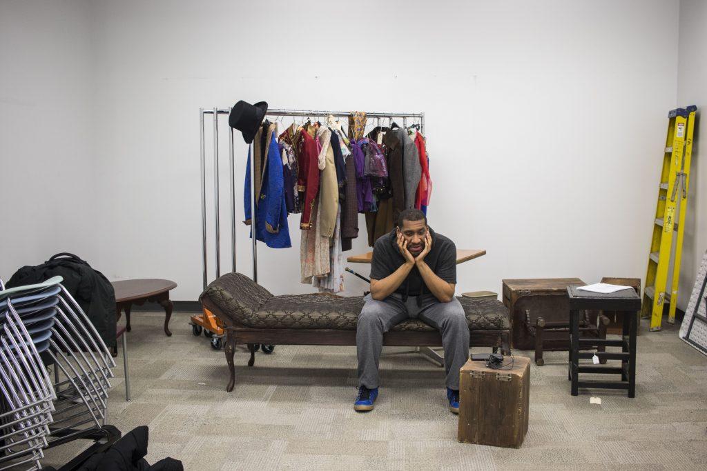 Randryk Lewis runs through lines during an A Midsummer Night's Dream rehearsal in the Old Museum of Art on Tuesday, March 27, 2018.