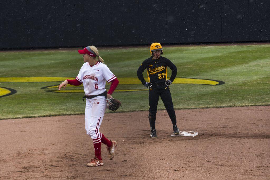 Iowa's Cheyenne Pratt stands on second during the Iowa/Wisconsin softball game at Bob Pearl Field  on Sunday, April 8, 2018. The Hawkeyes defeated the Badgers in the third game of the series, 5-3. (Lily Smith/The Daily Iowan)