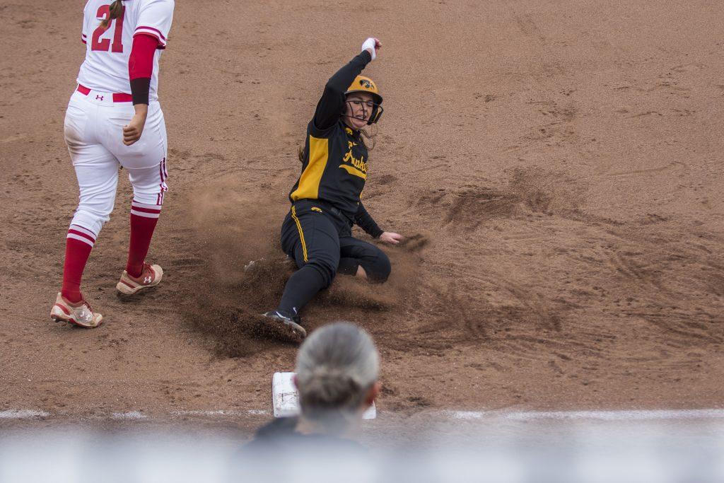 during the Iowa/Wisconsin softball game at Bob Pearl Field  on Sunday, April 8, 2018. The Hawkeyes defeated the Badgers in the third game of the series, 5-3. (Lily Smith/The Daily Iowan)