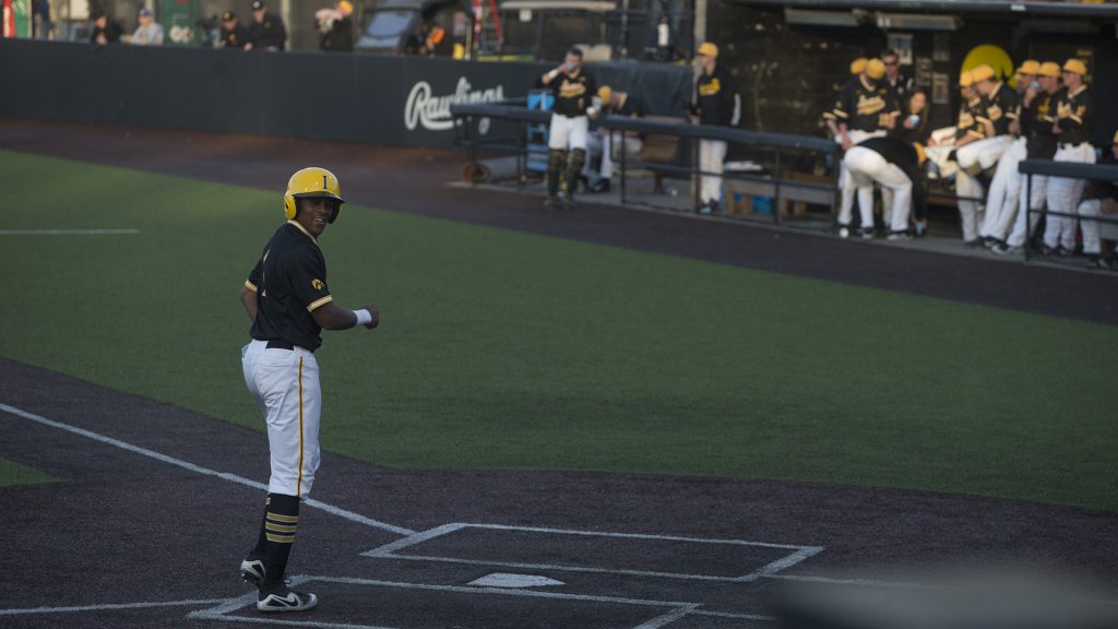 Hawkeye infielder, Sophomore Lorenzo Elion, leisurely runs home during the eight run streak of the third inning during Mens Baseball at Duane Banks Fields on Wednesday Apr. 25, 2018. The Hawkeyes defeated the Panthers 12-4. (Katie Goodale/The Daily Iowan)