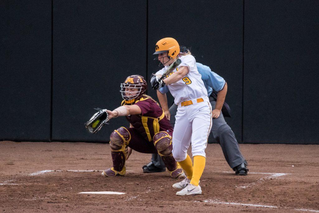 University+of+Iowa+softball+player+Sarah+Kurtz+swings+and+misses+during+a+game+against+the+University+of+Minnesota+on+Thursday%2C+Apr.+12%2C+2018.+The+Gophers+defeated+the+Hawkeyes+8-0.+%28David+Harmantas%2FThe+Daily+Iowan%29