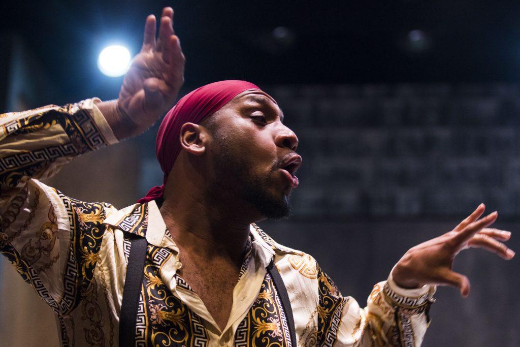 Randryk Lewis performs during an A Midsummer Night's Dream dress rehearsal in the E.C. Mabie theatre in the Theatre Building on Monday, April 16, 2018. (Lily Smith/The Daily Iowan)