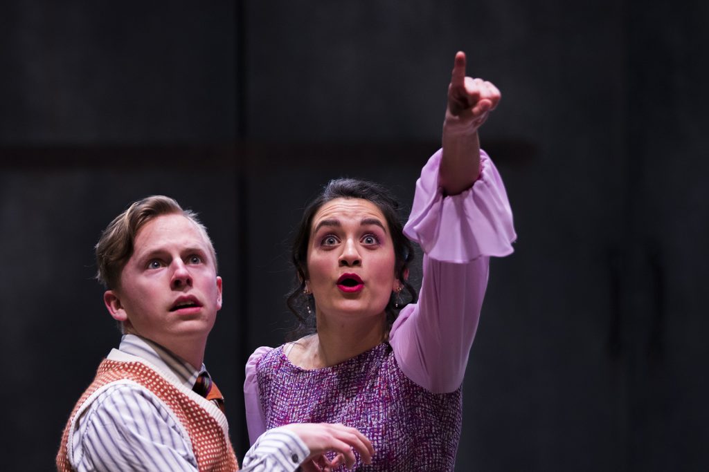 From left: Greg Walker and Maya Bassuk perform during an A Midsummer Night's Dream dress rehearsal in the E.C. Mabie theatre in the Theatre Building on Monday, April 16, 2018. (Lily Smith/The Daily Iowan)