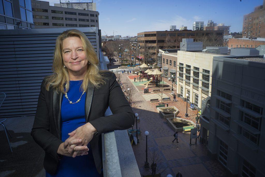 Former NASA Chief Scientist, Dr. Ellen Stofan, poses for a portrait while overlooking the Ped Mall on Tuesday, April 17, 2018. Dr. Stofan will be speaking on Tuesday night at the Englert Theater about space exploration and climate change. She has also been named as the director of the Air and Space Museum in Washington D.C. (James Year/ The Daily Iowan)