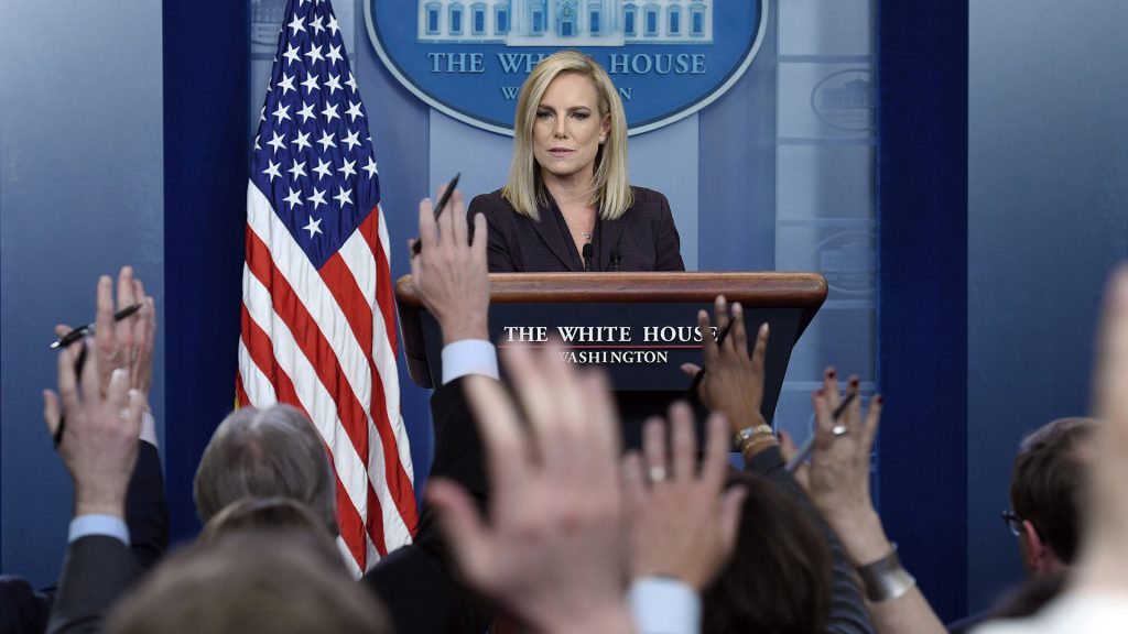 Homeland+Security+Secretary+Kirstjen+Nielsen+announces+that+President+Trump+will+soon+sign+an+order+to+deploy+National+Guard+troops+to+the+U.S.+southern+border+during+a+press+conference+in+the+press+briefing+room+of+the+White+House+on+April+4%2C+2018+in+Washington%2C+D.C.++%28Olivier+Douliery%2FAbaca+Press%2FTNS%29