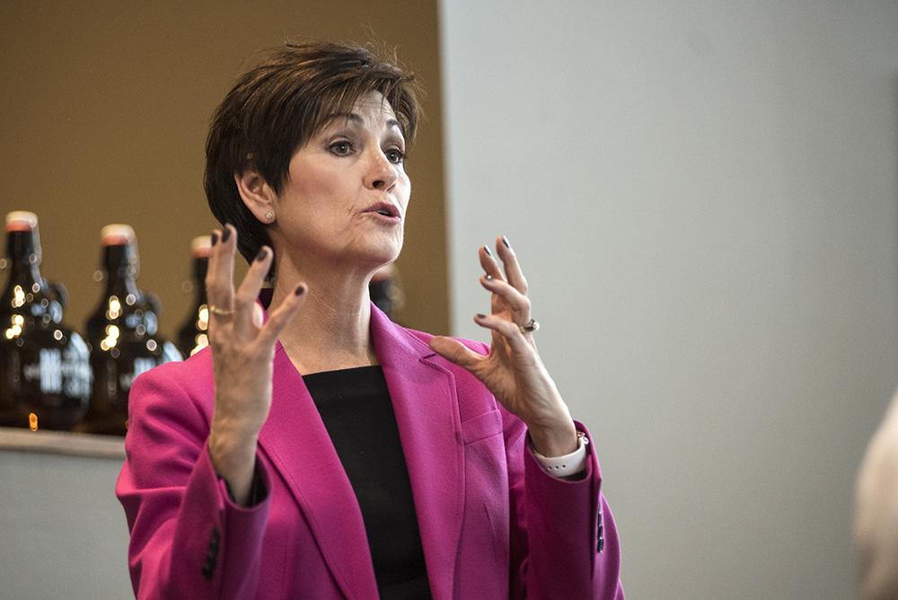 Kim Reynolds talks at Hy-Vee in Coralville during her 99 Counties tour on Thursday, April 5, 2018. (Ben Allan Smith/The Daily Iowan)