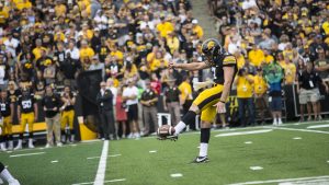 Iowa punter Colten Rastetter punts the ball away during the season opener against Wyoming on Saturday, Sep. 2, 2017. The Hawkeyes went on to defeat the Cowboys, 24-3. (Ben Smith/The Daily Iowan)
