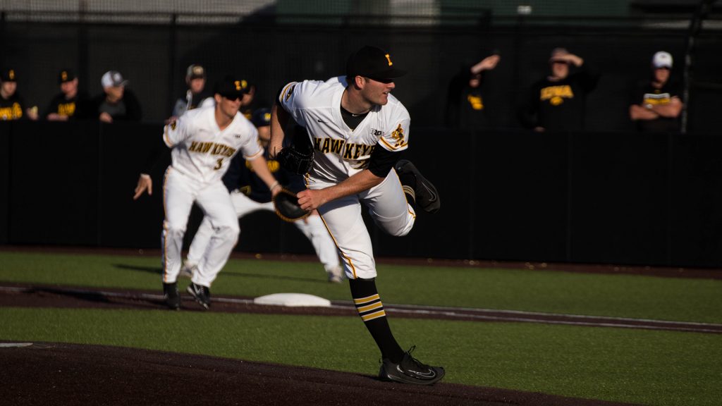 Nick Allgeyer pitches during Iowas game against Michigan at Banks Field  on April 27, 2018. The Hawkeyes won the game, 4-2. (Megan Nagorzanski/The Daily Iowan)