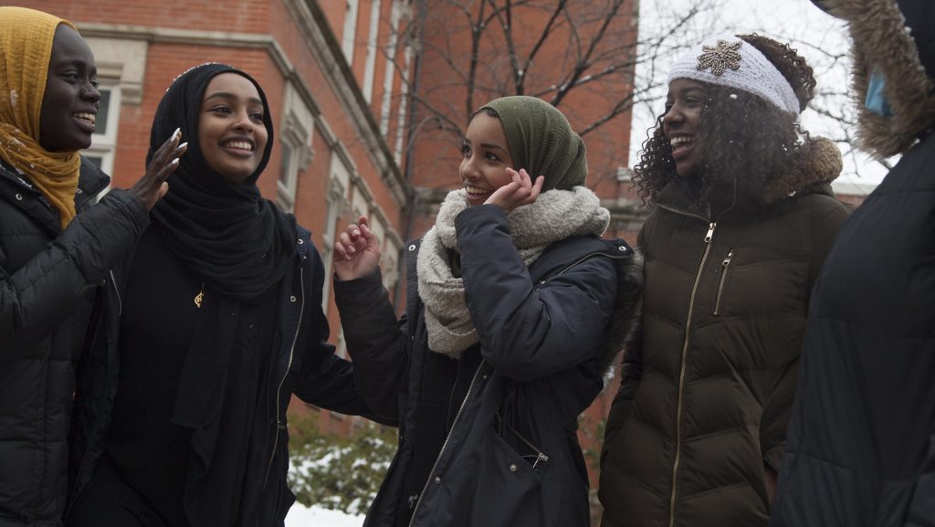 Members of the UI Muslim Student Association: sophomore Tartil Ali, freshman Ebteehal Kmail, sophomore Seeme Kotoh, sophomore Amani Ali, junior Ayah Taha, junior Taimaa Shoukih, and sophomore Suha Suleman throw snowball after passing out flowers for Islam appreciation week on the T. Anne Cleary Walkway on April 9, 2018.
