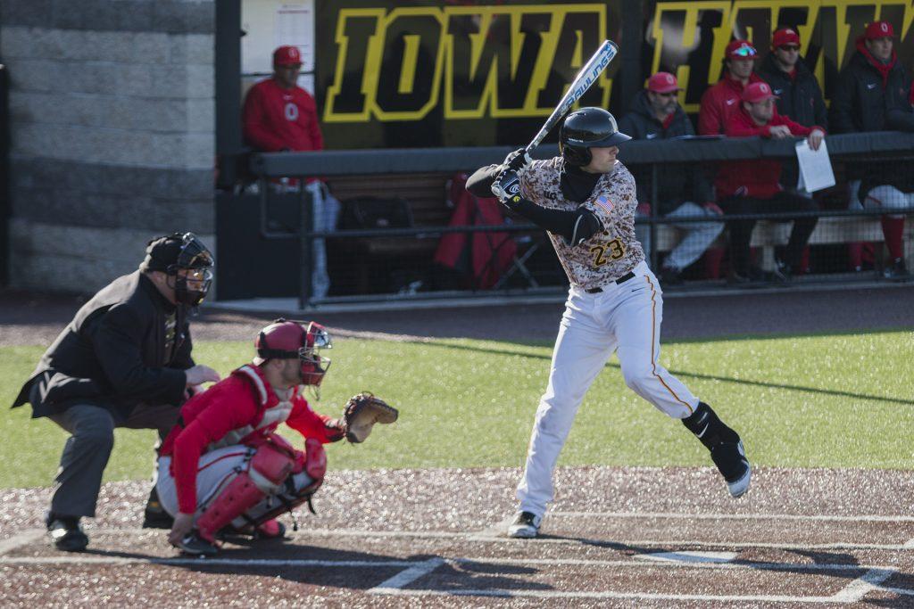 Iowa infielder Kyle Crowl prepares to swing during mens baseball Iowa vs. OSU at Duane Banks Field on April 7, 2018. The Hawkeyes defeated the Buckeyes, 9-5. (Katina Zentz/The Daily Iowan)