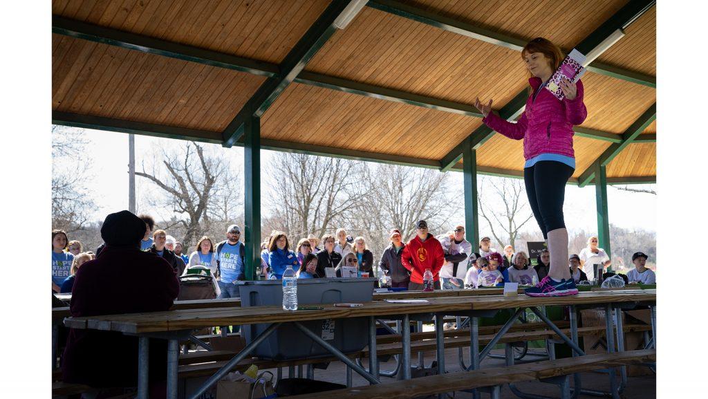 Jennifer OToole speaks during a National Eating Disorders Awareness event in City Park on Saturday, April 29, 2018. OToole overcame anorexia and is now a renowned author and public speaker. (Matthew Finley/The Daily Iowan)