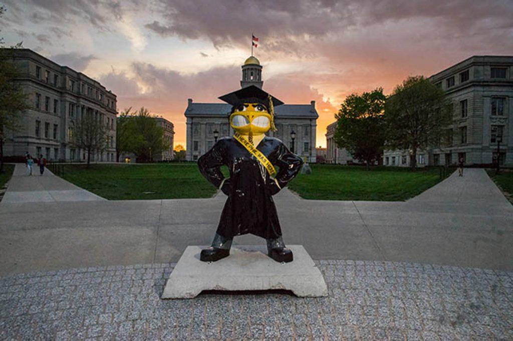 A Herky statue with a PHIL Was Here sash stands on the Pentacrest on Monday, April 24. Beginning in 2012, the UI launched PHIL Was Here to celebrate philanthropy at the university. (The Daily Iowan/Ben Smith)