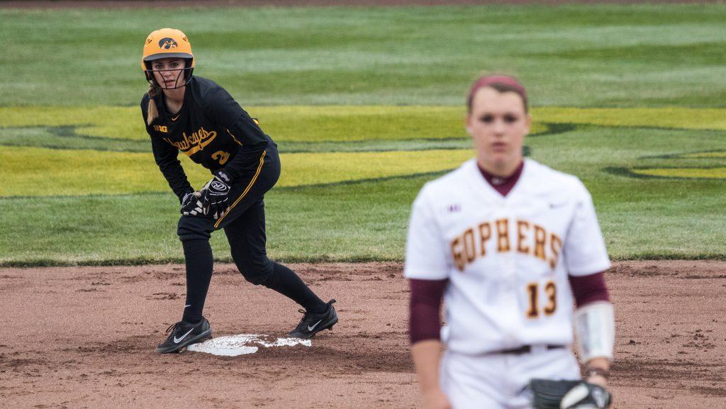 University of Iowa softball player  Allison Doocy stands on second base during a game against the University of Minnesota on Friday, Apr. 13, 2018. The Gophers defeated the Hawkeyes 6-2. (David Harmantas/The Daily Iowan)