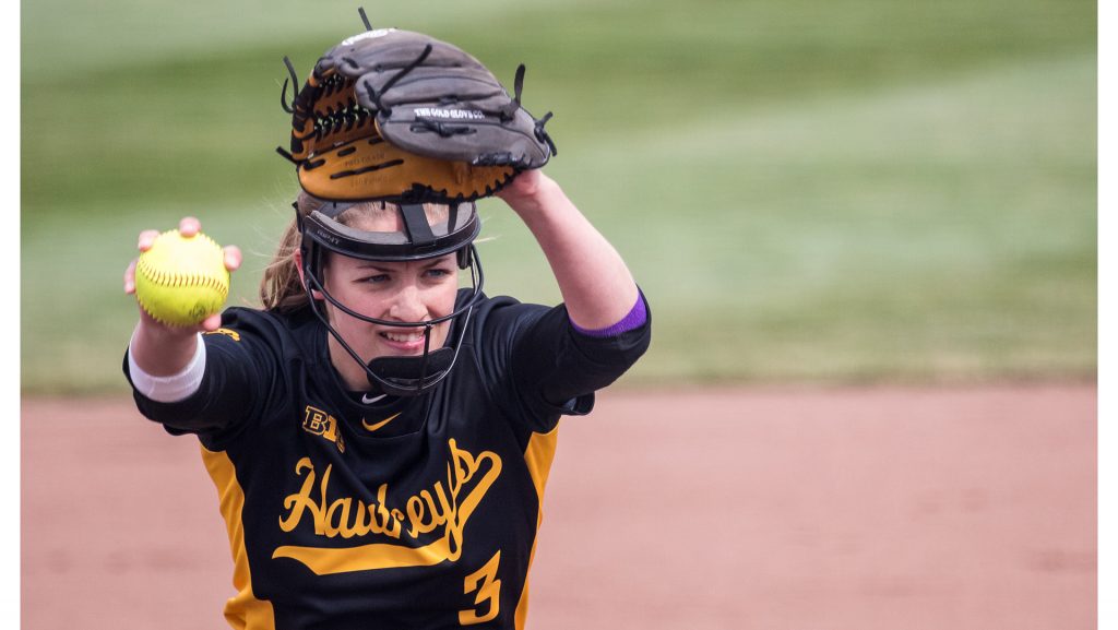 University of Iowa softball player Allison Doocy winds up to pitch during a game against the University of Minnesota on Friday, Apr. 13, 2018. The Gophers defeated the Hawkeyes 6-2. (David Harmantas/The Daily Iowan)