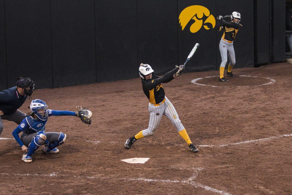 Iowa outfielder Allie Wood swings at the ball during womens softball Iowa vs. Drake at Bob Pearl Field on March 28, 2018. The Bulldogs defeated the Hawkeyes 3-1. (Katina Zentz/The Daily Iowan)