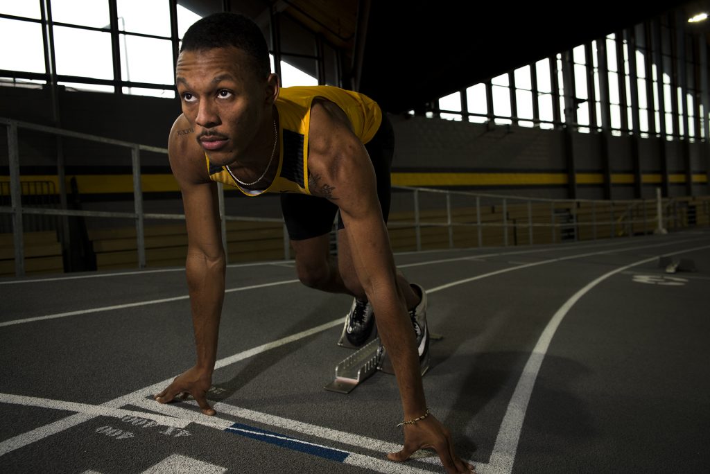 Iowa junior Maryea Harris poses for a portrait inside the University of Iowa Recreation Building on Wednesday, Jan. 10, 2018. Harris is the 2017 indoor season leader for the 400 meter dash with a time of 45.75. The Hawkeyes will host their first intersquad meet, the Hawkeye Invitational on Jan. 13. (Ben Allan Smith/The Daily Iowan)