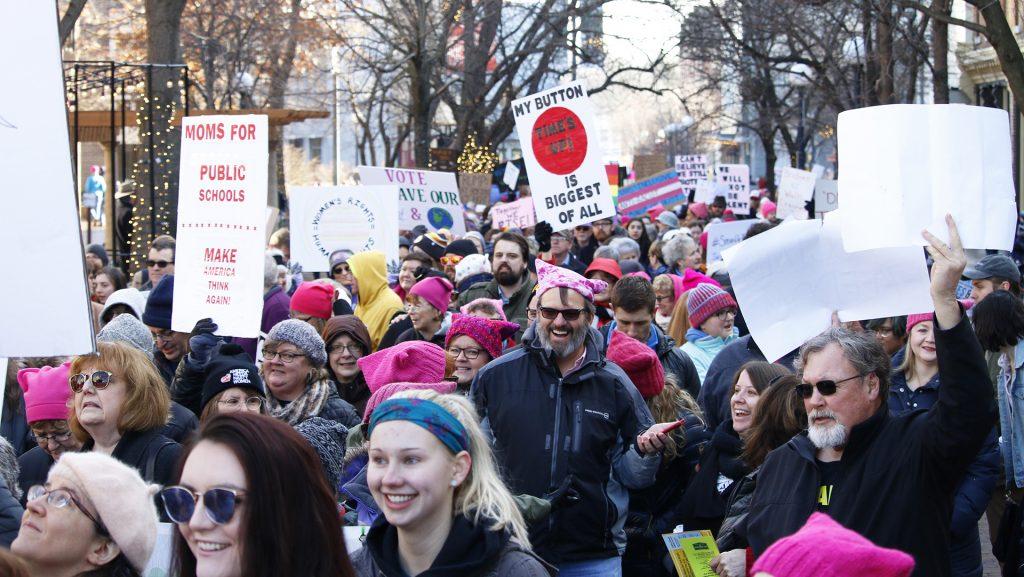 Protesters+gather+during+the+Womens+March+on+January+20%2C+2018.+Protesters+gathered+at+the+Ped+Mall+listen+to+speakers+and+march+for+female+empowerment.+%28Katina+Zentz%2FThe+Daily+Iowan%29