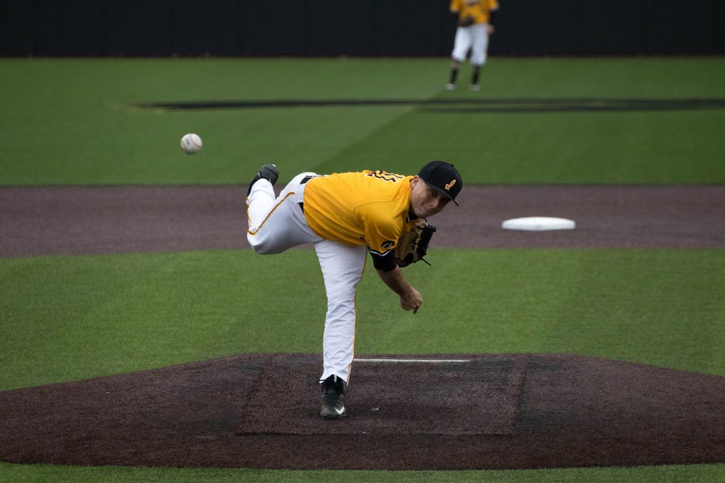 Cole McDonald pitches during Iowa men’s baseball vs. Ohio State at Banks Field on April 8, 2018. The Hawkeyes won the game 2-1. (Megan Nagorzanski/The Daily Iowan)