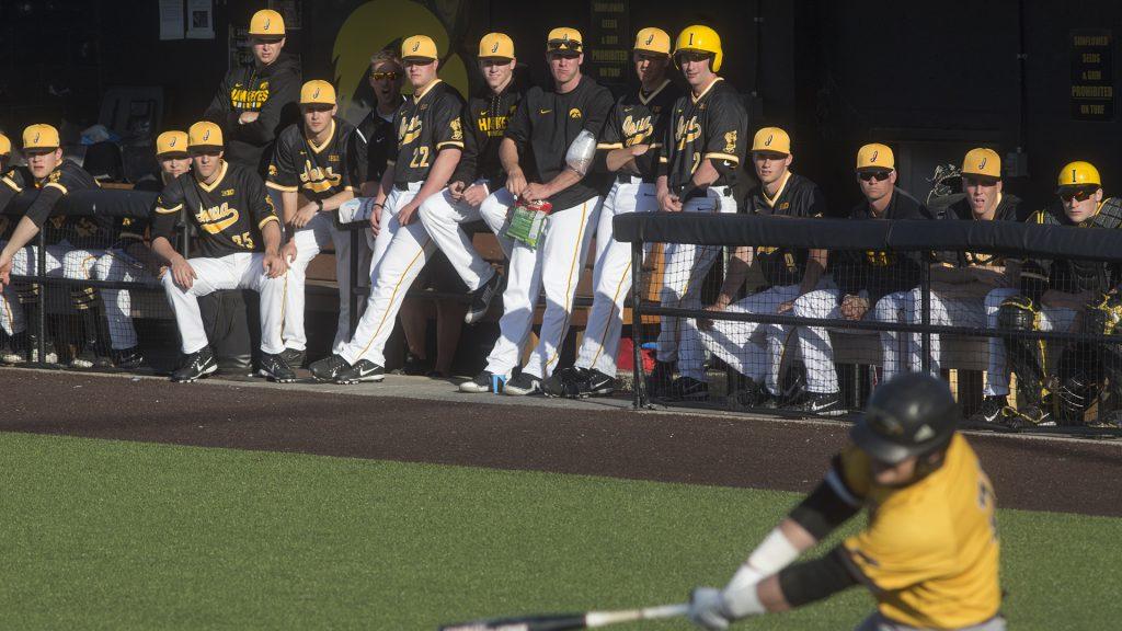 Hawkeyes watch as a Milwaukee Panther steps up to bat during Mens Baseball at Duane Banks Fields on Wednesday Apr. 25, 2018. The Hawkeyes defeated the Panthers 12-4. (Katie Goodale/The Daily Iowan)