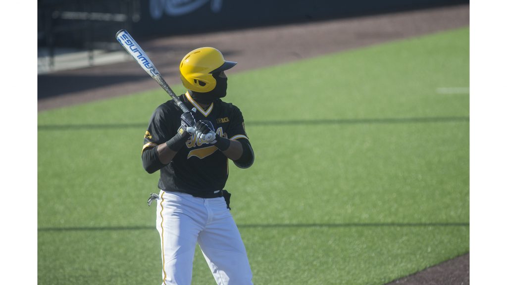 Sophomore Lorenzo Elion, in-fielder, up to bat during mens baseball Iowa vs Grand View on Apr 4, 2018 at Duane Banks Field. The Hawkeyes defeated the Vikings 4-2. (Katie Goodale/The Daily Iowan)