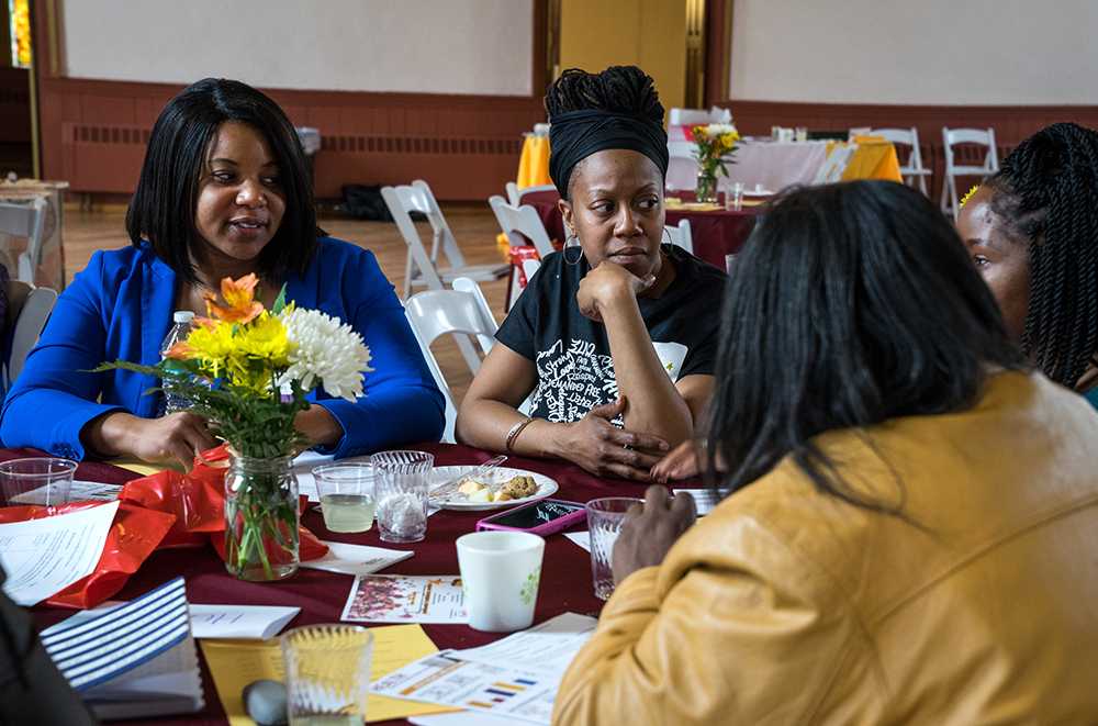RaQuishia Harrington, a cofounder of Sankofa Research Outreach, participates in a round table discussion about political issues during the Brighter Future Focused Summit on Saturday, March 31, 2018. (Matthew Finley/The Daily Iowan)
