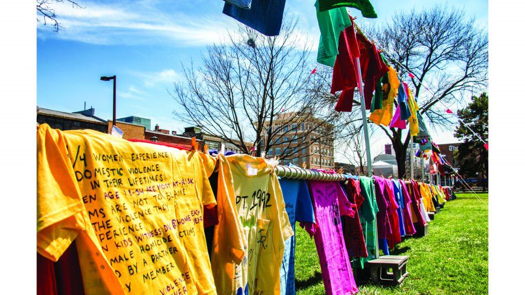 T-shirts+hang+outside+during+the+RVAP+Clothesline+Project+at+the+Pentacrest+on+April+25%2C+2018.+The+project+emphasized+the+impact+that+sexual+assault%2C+domestic+violence%2C+and+homophobic+violence+has+on+victims.+%28Katina+Zentz%2FThe+Daily+Iowan%29