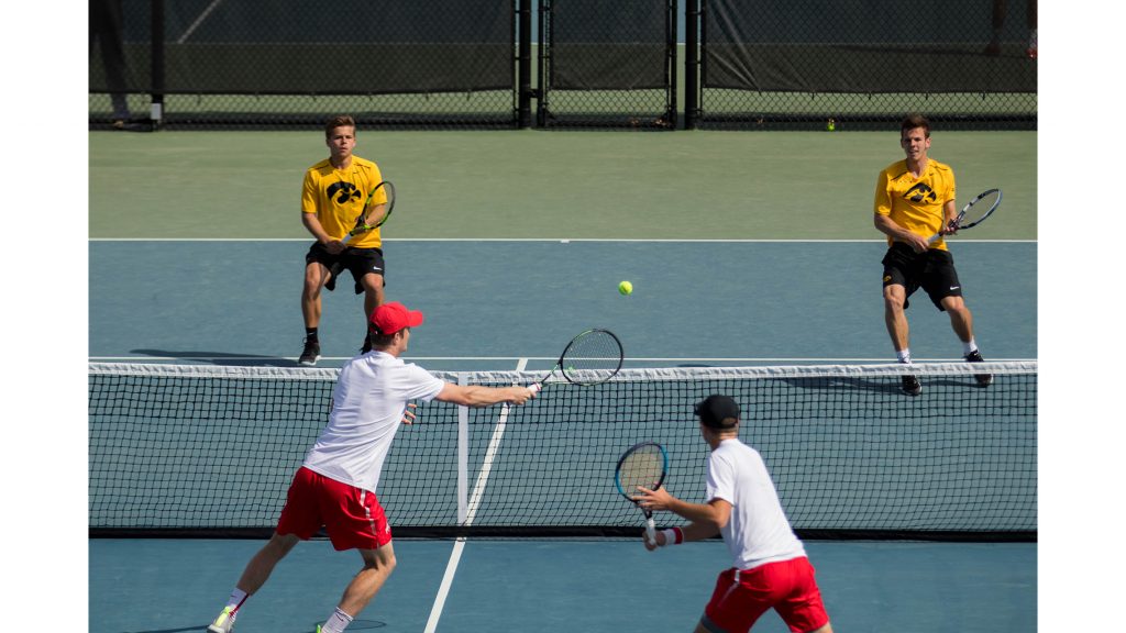 Ohio States Mikael Torpegaard hits a volley during Day 2 of the Big Ten Tournament at the Hawkeye Tennis Complex on April 27. The Hawkeyes were defeated by Ohio State (4-0). (Megan Nagorzanski/The Daily Iowan)