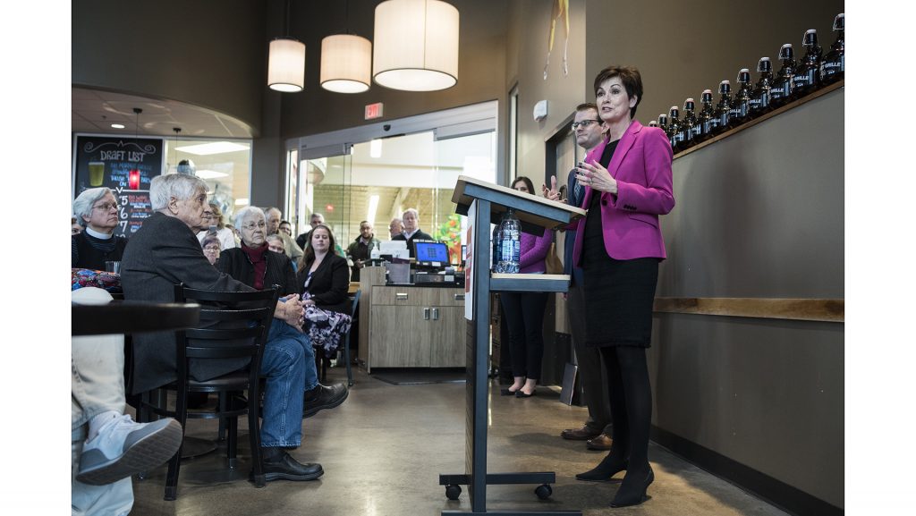 Kim Reynolds talks at Hy-Vee in Coralville during her 99 Counties tour on Thursday, April 5, 2018. (Ben Allan Smith/The Daily Iowan)