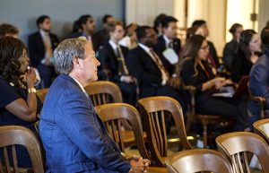 University President Bruce Harreld listens during a joint session of the UISG and GPSG on Sept. 19, 2017. Harreld spoke about the need for cooperation between student leaders and administrators, and challenges faced by the university following budget cuts by state legislature.