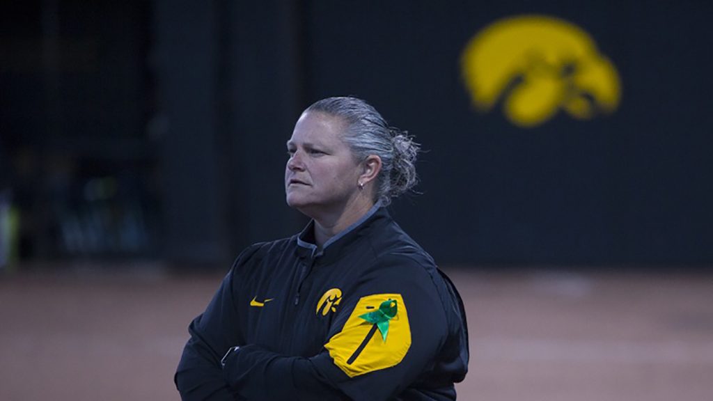 Iowa head coach Marla Looper looks to the outfield during a softball game against Valparaiso at Bob Pearl Field in Iowa City on Friday, March 17, 2017. The Hawkeyes defeated the Crusaders, 3-0. (The Daily Iowan/Joseph Cress)