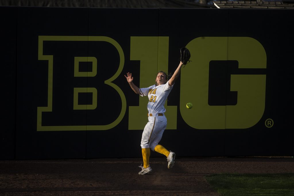 Iowa outfielder Havyn Monteer misses a fly ball in right field during the NCAA womens softball game between Iowa and Purdue at Bob Pearl Softball Field on Friday, May 4, 2018. The Hawkeyes lost to the Boilermakers 1-3. (Ben Allan Smith/The Daily Iowan)