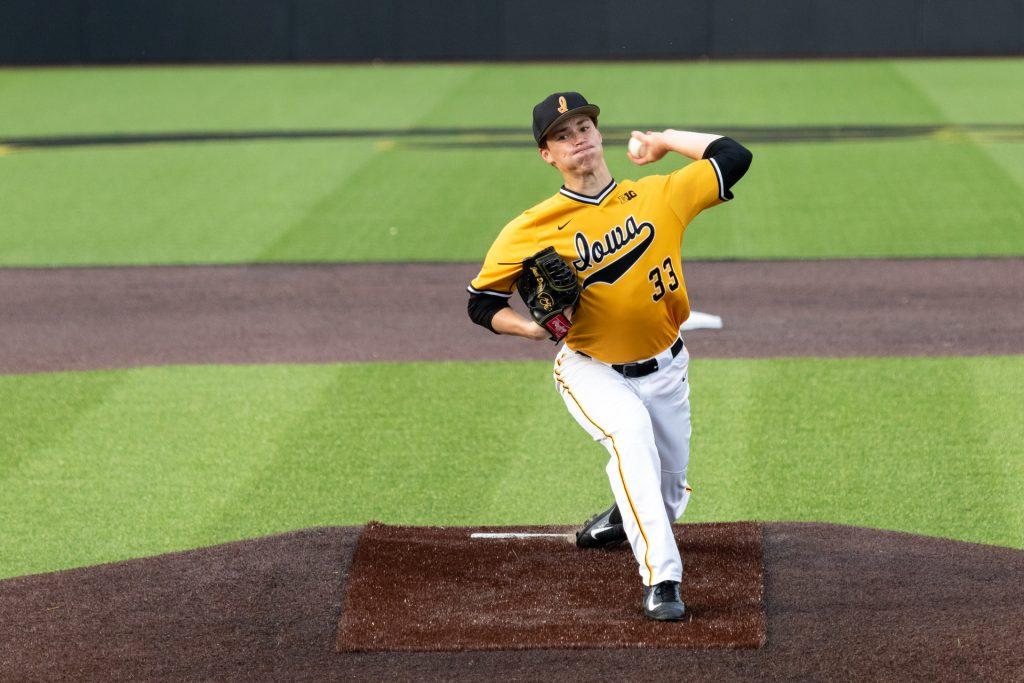 University of Iowa baseball player Jack Dreyer winds up to pitch during a game against Penn State University on Saturday, May 19, 2018. The Hawkeyes defeated the Nittany Lions 8-4. (David Harmantas/The Daily Iowan)
