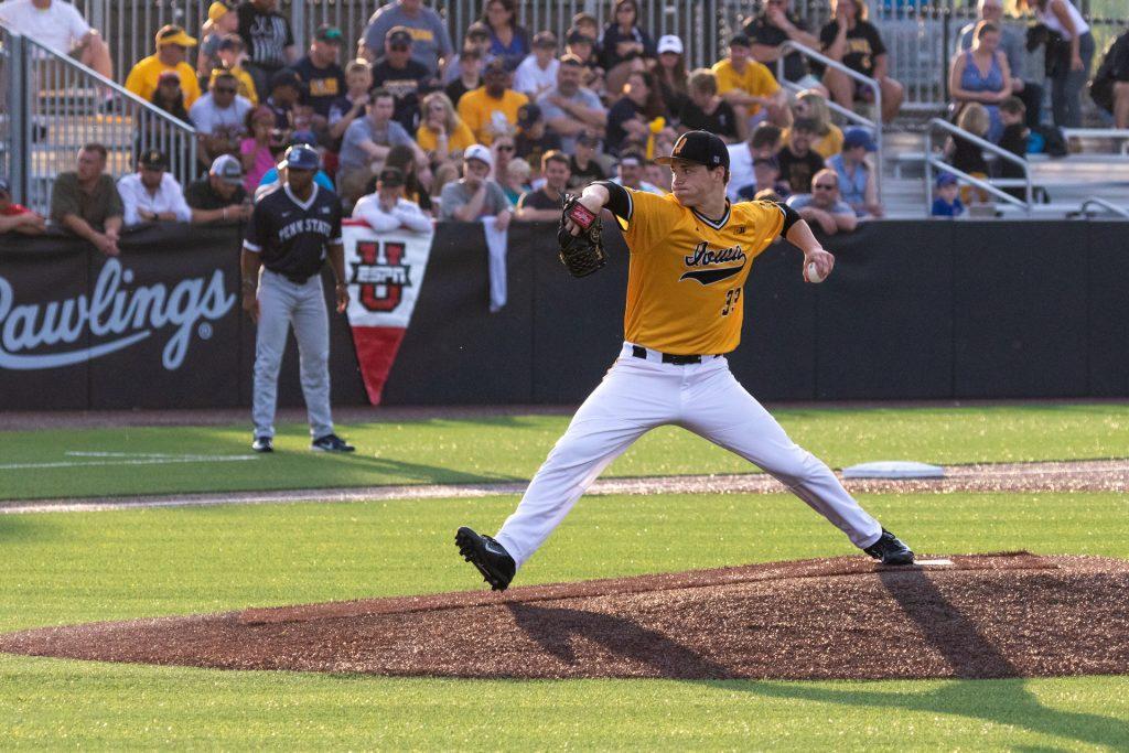 University of Iowa baseball player Jack Dreyer winds up to pitch during a game against Penn State University on Saturday, May 19, 2018. The Hawkeyes defeated the Nittany Lions 8-4. 