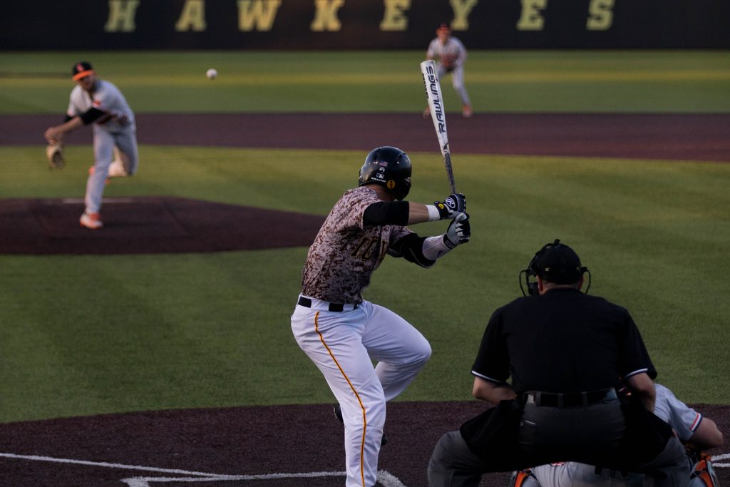 Tyler Cropley bats during Iowa's game against Oklahoma State at Banks field on May 4, 2018. The Hawkeyes were defeated 7-6. 