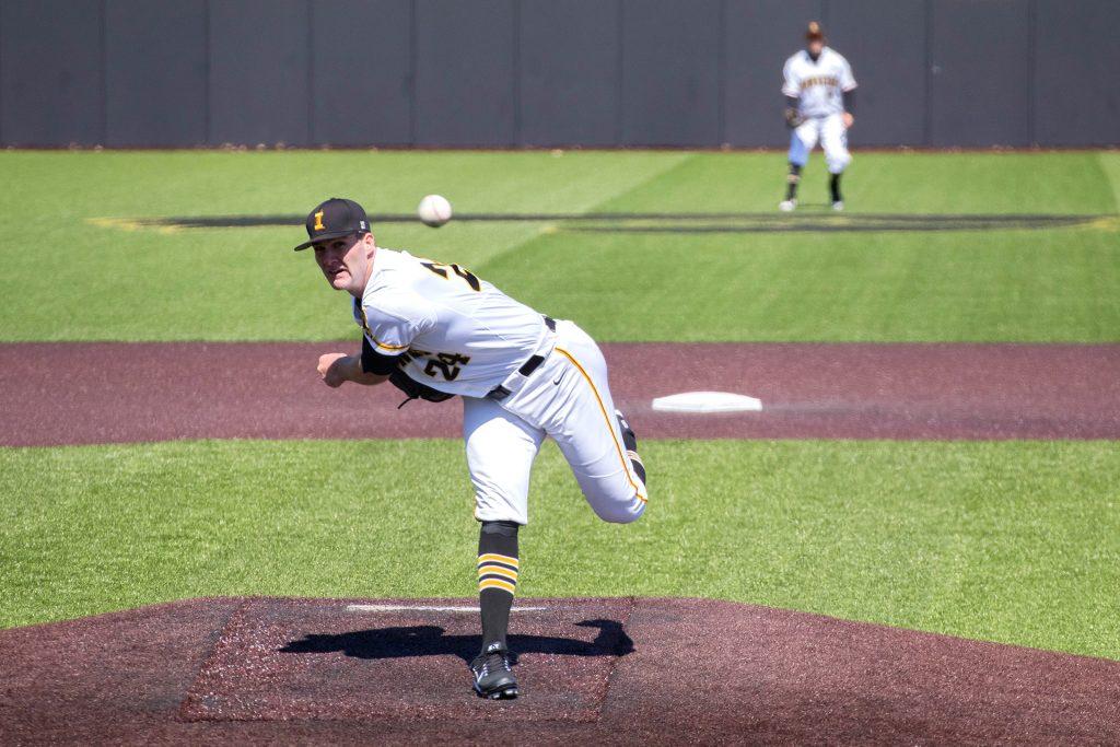 Nick Allgeyer pitches during Iowa baseball vs. Ohio State at Duane Banks Field on April 7, 2018. The Hawkeyes were defeated 2-1. (Megan Nagorzanski/The Daily Iowan)