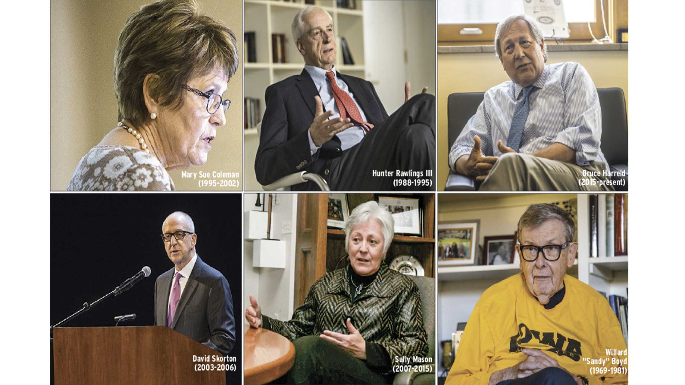 The six living University of Iowa presidents are shown in the present day. Images by The Daily Iowan staff. Hunter Rawlings (top middle) by Robert Barker/Cornell University Photography.