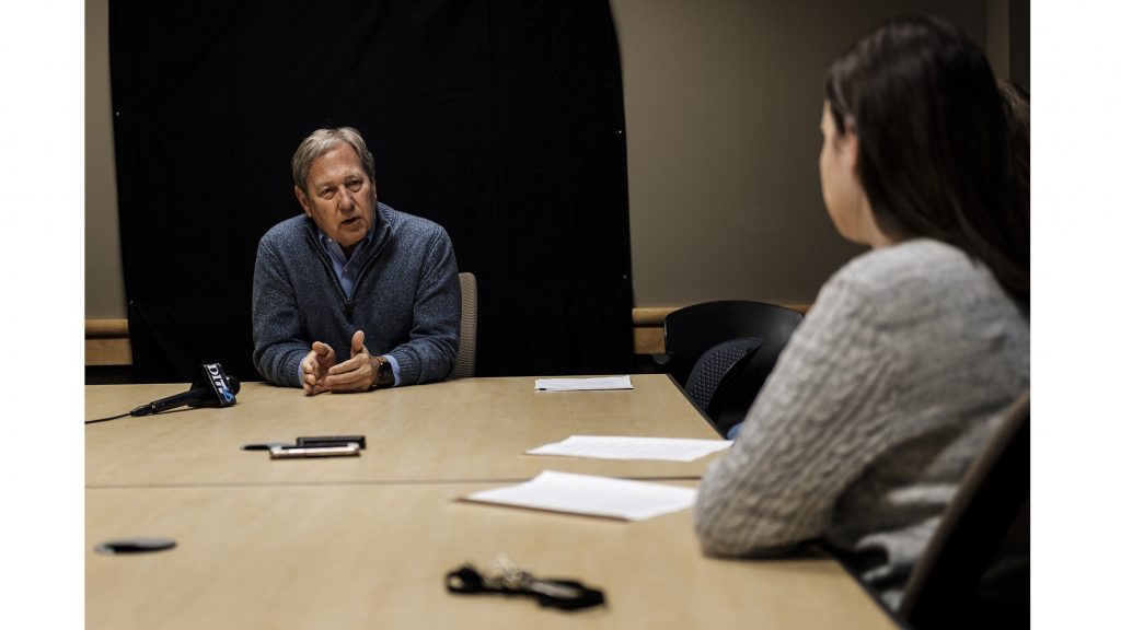 UI President Bruce Harreld answers questions during an interview at the Adler Journalism Building on Dec. 7, 2017. The interview covered topics including tuition, alcohol in the greek community, and financial aid. (Nick Rohlman/The Daily Iowan)