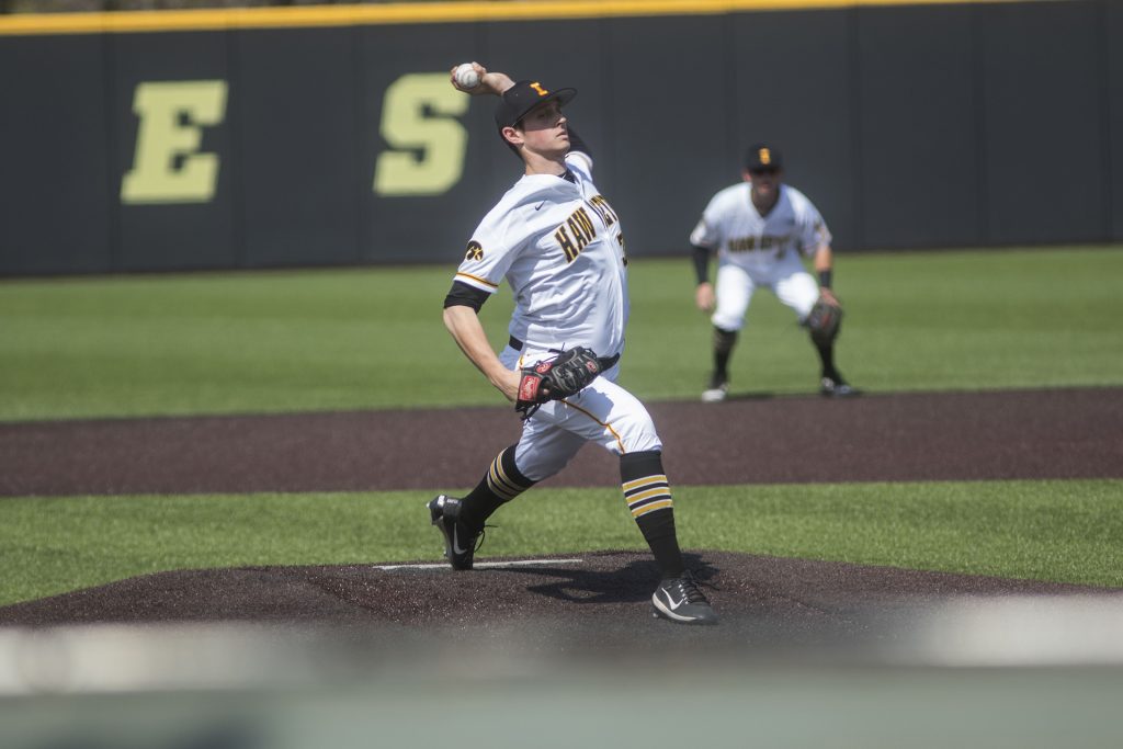 Iowa's Trenton Wallace pitches during the Iowa/Mizzou baseball game at Duane Banks Field on Tuesday, May 1, 2018. The Tigers defeated the Hawkeyes, 17-16, with two extra innings. (Lily Smith/The Daily Iowan)