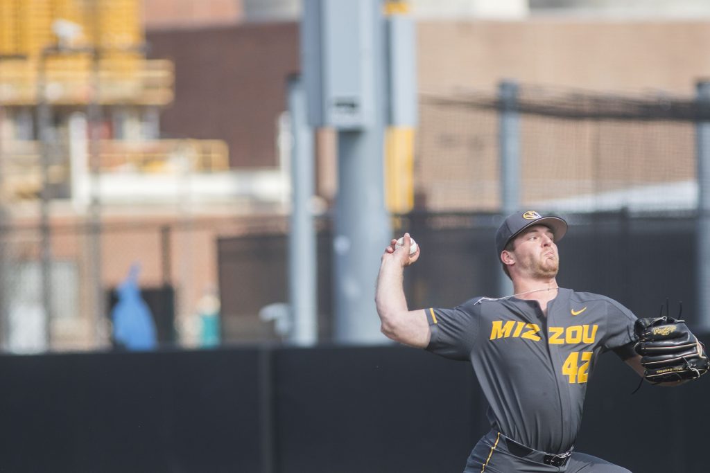 Mizzou's Cameron Pferrer pitches during the Iowa/Mizzou baseball game at Duane Banks Field on Tuesday, May 1, 2018. The Tigers defeated the Hawkeyes, 17-16, with two extra innings. (Lily Smith/The Daily Iowan)