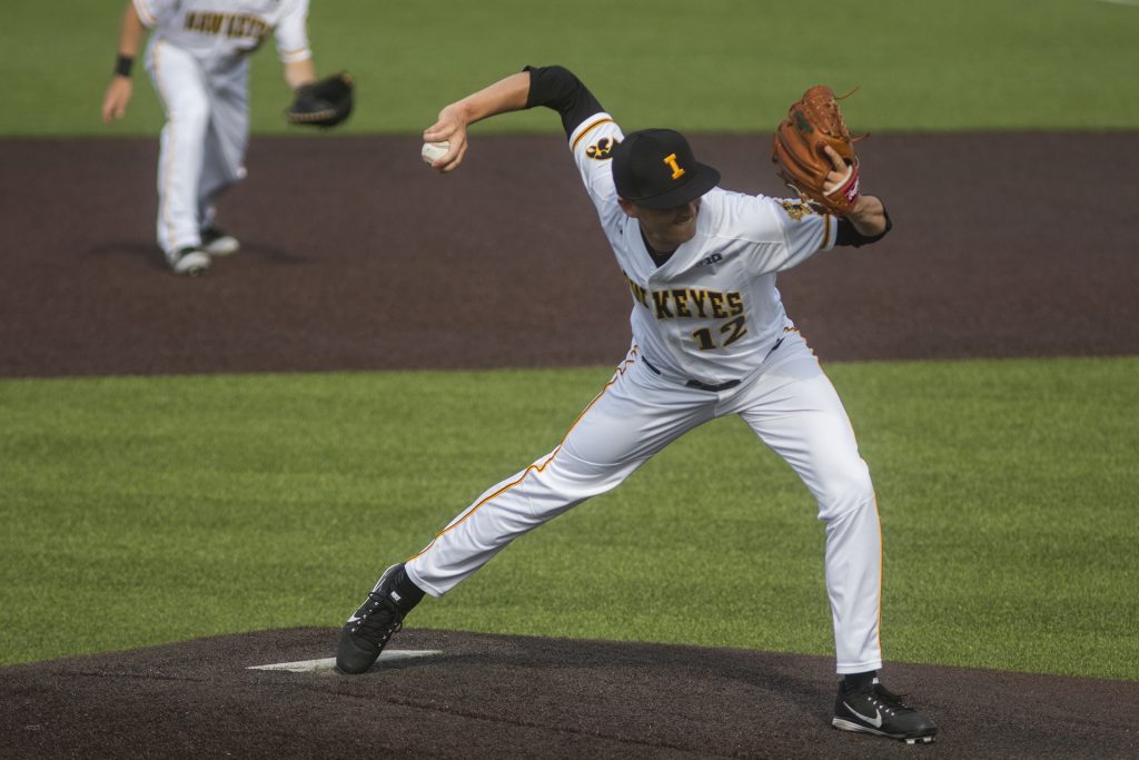 Iowas Nick Nelson pitches during the Iowa/Mizzou baseball game at Duane Banks Field on Tuesday, May 1, 2018. The Tigers defeated the Hawkeyes, 17-16, with two extra innings. (Lily Smith/The Daily Iowan)