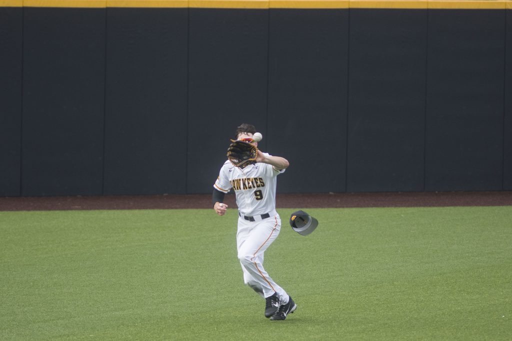 Iowa's Ben Norman catches a ball during the Iowa/Mizzou baseball game at Duane Banks Field on Tuesday, May 1, 2018. The Tigers defeated the Hawkeyes, 17-16, with two extra innings. (Lily Smith/The Daily Iowan)