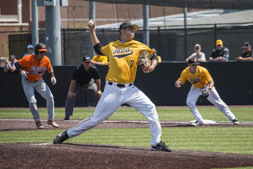 Iowa pitcher Grant Judkins throws the ball during baseball Iowa vs. Oklahoma State at Duane Banks Field on May 6, 2018. The Hawkeyes defeated the Cowboys 11-3.  (Katina Zentz/The Daily Iowan)