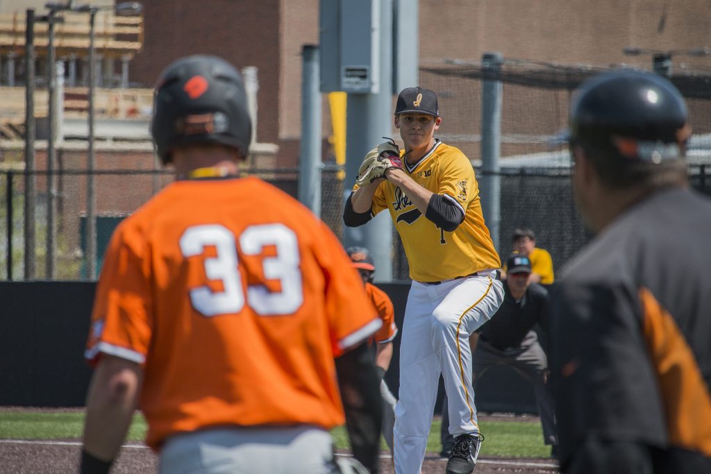 Iowa pitcher Grant Judkins prepares to throw the ball during baseball Iowa vs. Oklahoma State at Duane Banks Field on May 6, 2018. The Hawkeyes defeated the Cowboys 11-3.  (Katina Zentz/The Daily Iowan)