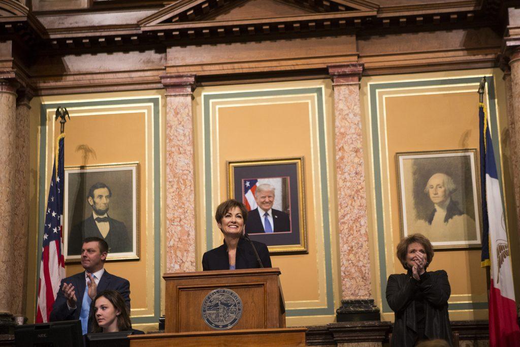 Iowa Gov. Kim Reynolds speaks during her first Condition of the State address in the Iowa State Capitol in Des Moines on Tuesday, Jan. 9, 2018. Reynolds took over the governor office in May of 2017. (Joseph Cress/The Daily Iowan)