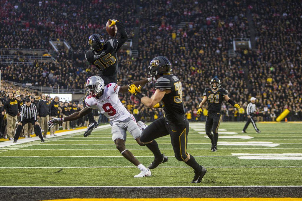 Iowa+cornerback+Josh+Jackson+makes+a+jumping+one+handed+interception+during+Iowas+game+against+Ohio+State+at+Kinnick+Stadium+on+Saturday%2C+Nov.+4%2C+2017.+Jackson+made+three+interceptions+on+the+day+as+the+Hawkeyes+defeated+the+Buckeyes+55+to+24.+%28Nick+Rohlman%2FThe+Daily+Iowan%29