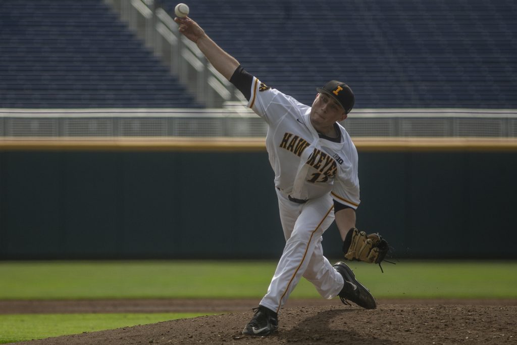 Iowas Cole McDonald delivers a pitch during Iowas Big Ten tournament game against Ohio State on Thursday, May 24, 2018. The Buckeyes defeated the Hawkeyes 2-0. (Nick Rohlman/The Daily Iowan)