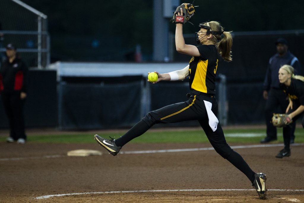 Iowas Allison Doocy delivers a pitch during Iowas Big Ten tournament game against Ohio State at the Goodman Softball complex in Madison, WI. The Hawkeyes defeated the Buckeyes 5-1. (Nick Rohlman/The Daily Iowan)