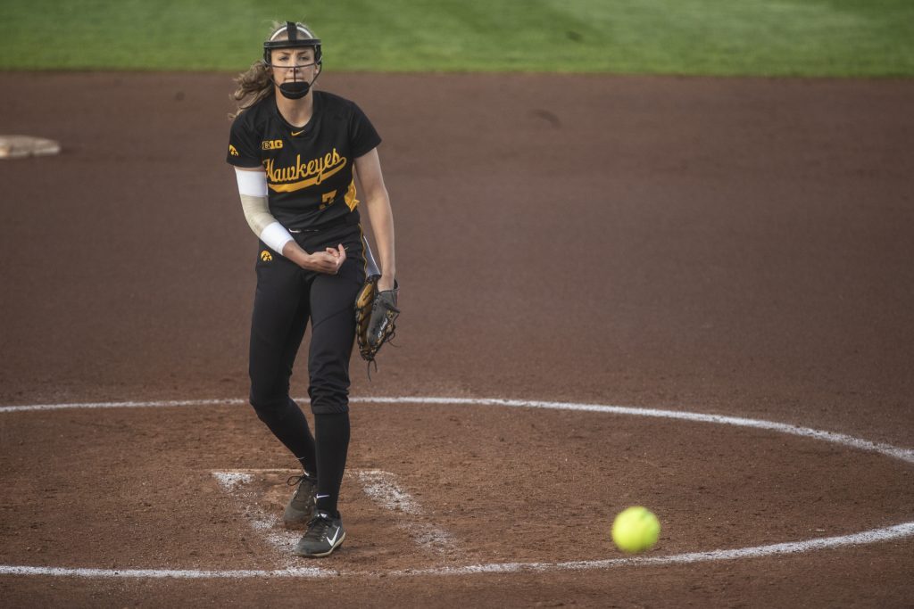 Iowas Allison Doocy delivers a pitch during Iowas Big Ten tournament game against Ohio State at the Goodman Softball complex in Madison, WI. The Hawkeyes defeated the Buckeyes, 5-1. (Nick Rohlman/The Daily Iowan)