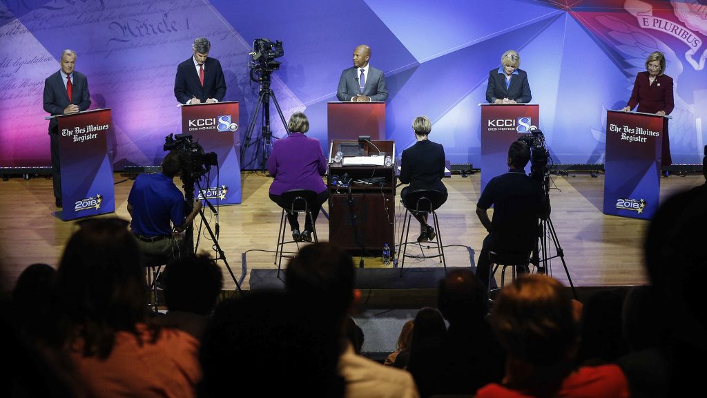 Democratic gubernatorial candidates (l-r) John Norris, Fred Hubbell, Ross Wilburn, Cathy Glasson and Andy McGuire  answer questions during the 2018 Iowa democratic gubernatorial primary debate in Des Moines on Wednesday, May 30, 2018. (Bryon Houlgrave/The Des Moines Register)