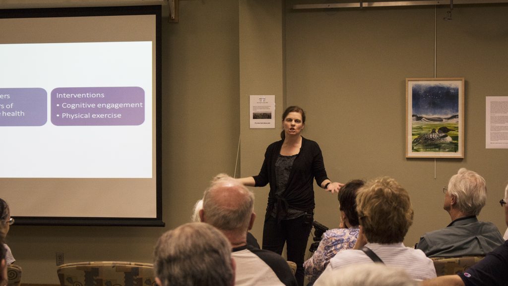Michelle Voss, a professor at department of psychological and brain sciences, gave a lecture about health brain. The Iowa City Senior Center for the Engage Your Brain Fair provides a clear vision of what it takes to become brain healthy on Wednesday, May 2 2018.(Yue Zhang/The Daily Iowan)